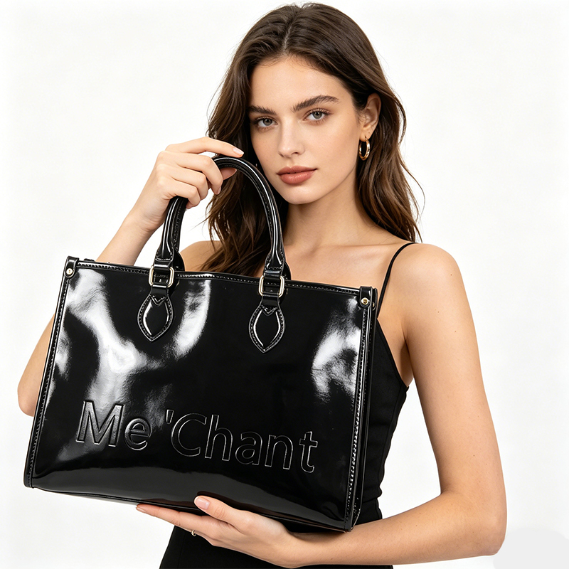 Top Handle Structured - Dames zwarte glanzende lakleren handtas van