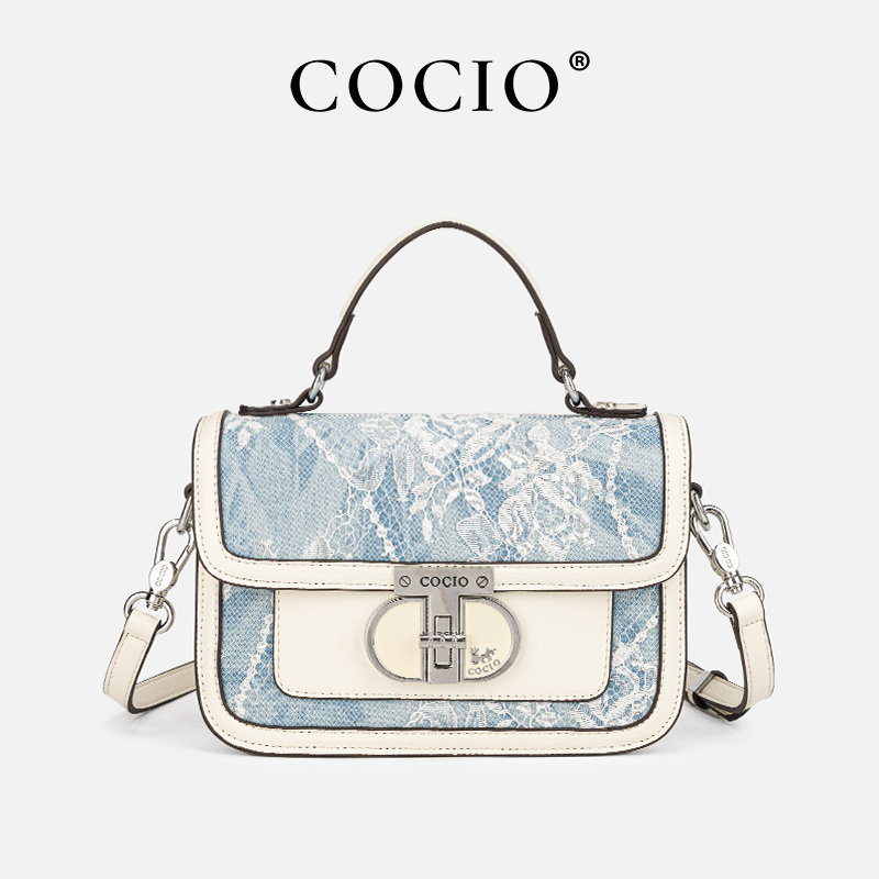 Top Handle Structured - Dames blauw witte kanten handtas met