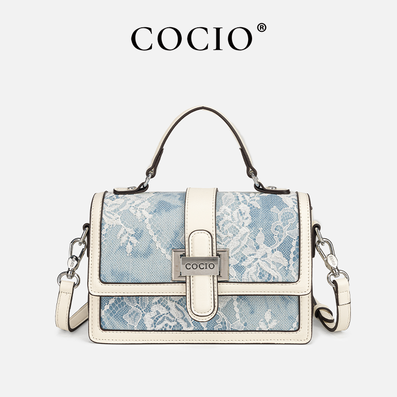 Top Handle Structured - Dames handtas met blauw slangenprint kantpatroon,